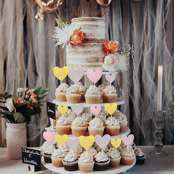 30 PCS Love Heart Cupcake Toppers Glitter Sweet Love Cupcake Picks Bridal Shower Cake Decorations for Wedding Engagement Valentine's Day Baby Shower Birthday Party Supplies Gold Silver Pink