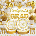 Ecomore 2026 Graduation Decorations - 245 PCS Grad Disposable Dinnerware(Serve 25) & Graduation Party Supplies With Congrats Paper Plate Cup Napkin Cutlery Tablecloth Backdrop Balloon Kit - White Gold
