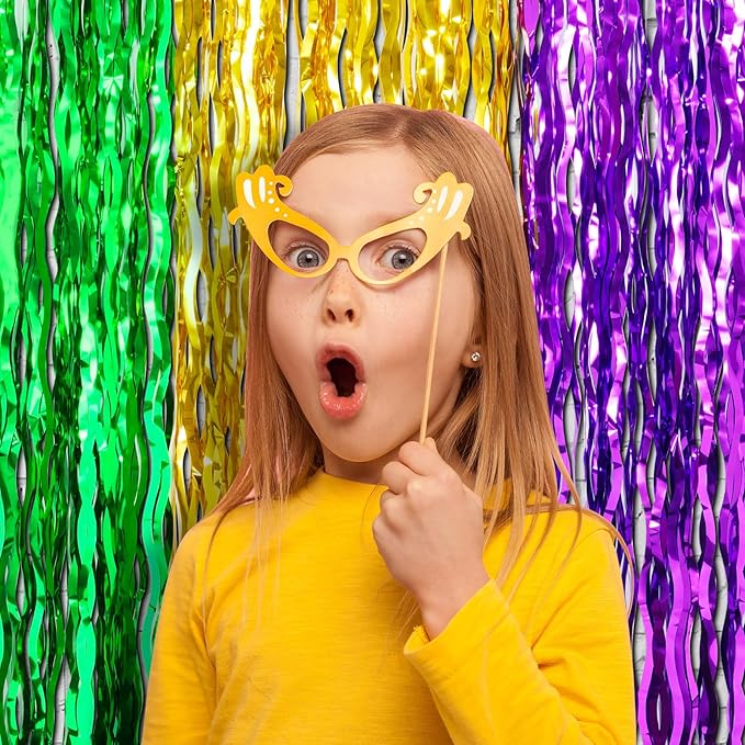 6 Pack 3.3Ft x 6.6Ft Mardi Gras Wavy Foil Fringe Curtain Backdrop Decorations, Purple Gold Green Metallic Tinsel Foil Streamers Curtain Photo Background for Mardi Gras Carnival Wedding Birthday Party