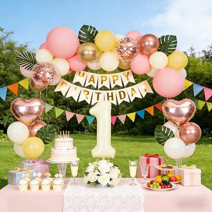 1st Birthday Decorations for Girl, Retro Sand White and Cream Balloon Garland Kit, Cream Number 1 Balloon, Pink Happy One Banner & Streamers, 1 Year Old Party Supplies