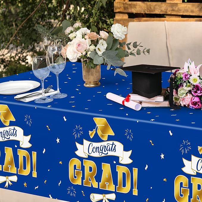 QZYL 2Pack 2026 Graduation Decorations, 108" X 54" Graduation Tablecloth, Bluegold Disposable Table Cloths for Grad Party Favors Supplies, Rectangle Plastic Tablecover for Class 2026 Congrats Grad