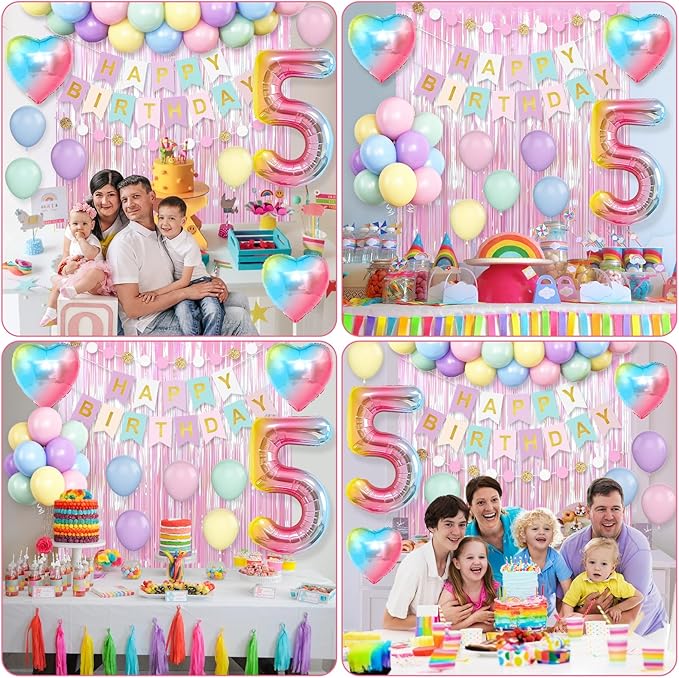 5th Birthday Decorations Rainbow,Gradient Number 5 Balloon,Pastel Happy Birthday Banner Fringe Curtain Heart Foil Balloons Boys Girls 5 Year Old Decor