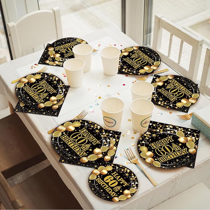 96Pcs 60th Birthday Party Tableware Set, Back in 1966 Birthday Party Decorations Supplies for Men Women Cheers to 60 Years Disposable Paper Plates Napkins Forks Favors, Serve 24