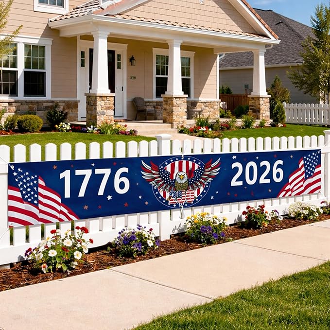 250 Year Anniversary USA Banner Flag 2x10 Ft, 4th of July Decorations 1776-2026 Freedom 250 Years Birthday Patriotic Party Supplies Decorations for Outdoor, Indoor,Garden, Porch (BLUE B)