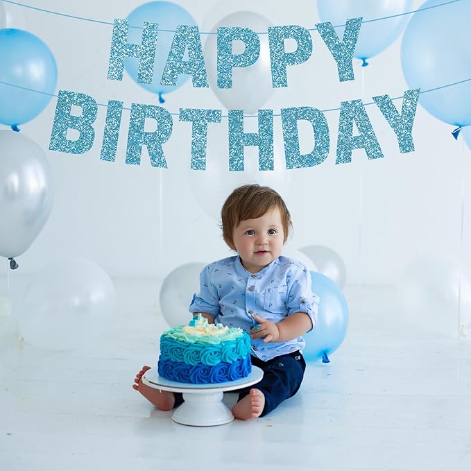 Pre-strung Happy Birthday Banner - No DIY - Light Blue Glitter Happy Birthday Party Banner for Boys & Girls - Pre-strung on 8 ft Strands - Blue Bday Party Decorations & Decor. Did We Mention No DIY