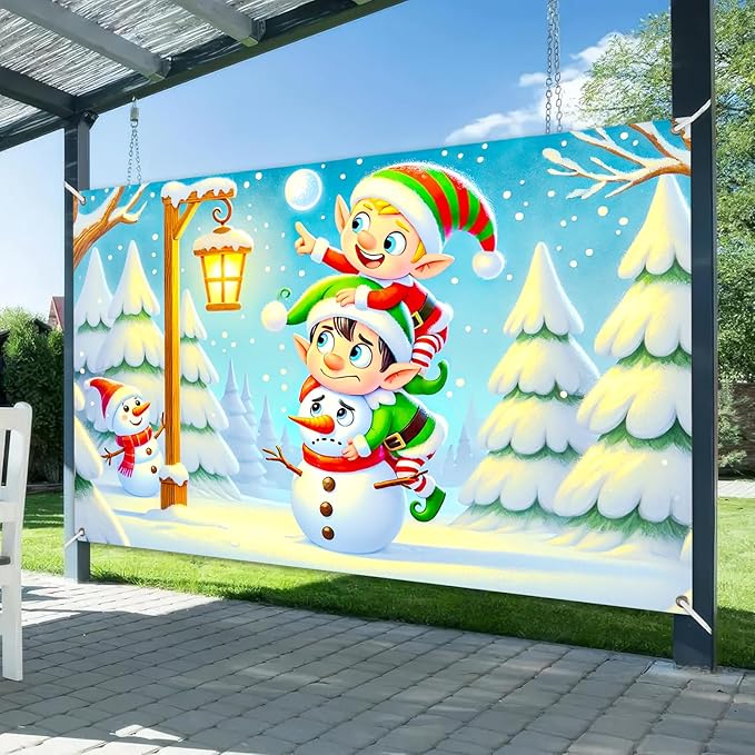 Christmas Banner Elf Snowman Holiday Wall Backdrop Cute Cartoon Winter Wonderland Decoration Indoor Outdoor Party Supplies Kids Room Fence Photo Background Scene 71 X 43 Inches