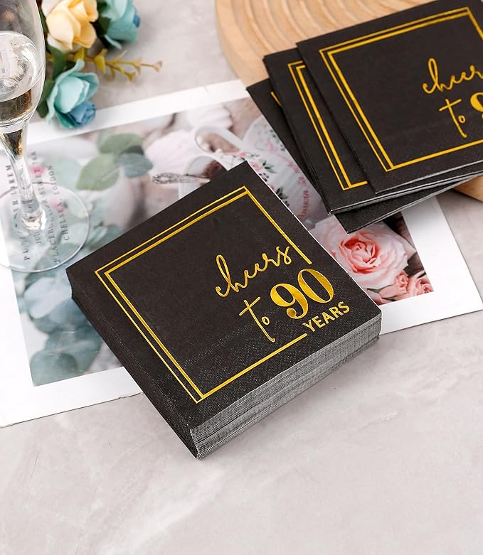 Cheers to Years Cocktail Napkins - 50 PK - 3-Ply Birthday Napkins 5x5 Inches Disposable Party Napkins Beverage Paper Napkins or Birthday Decorations Wedding Anniversary Black and Gold (90 Years)