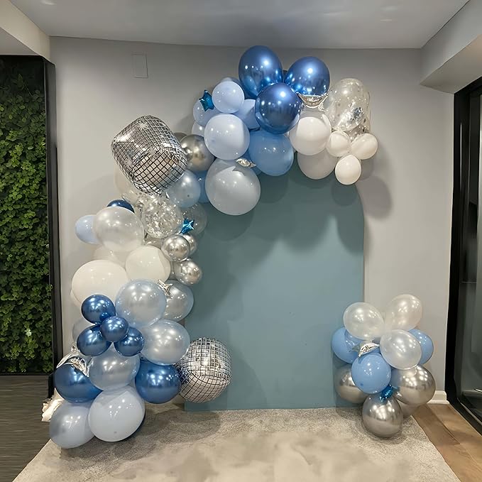 Blue Balloon Arch kit, Blue and White Balloon Garland with 22 Inch Disco Ball Balloons Metallic Silver Star Foil Balloons, Silver Confetti Balloons Metallic Blue Balloon for 80s Disco Party Decoration