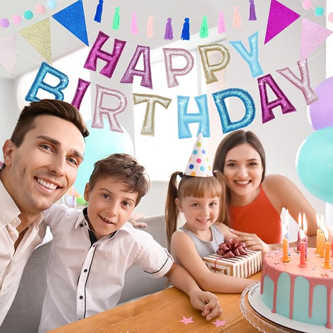 5 Pcs Pre-strung Unicorn Glitter Happy Birthday Banner Set, Felt Happy Birthday Garland with Ball Garland, Pennant Flags and Tassels, Birthdays Party Decorations for Kids and Adults