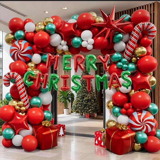 AobkDeco 143 Pcs Christmas Balloon Garland Arch Kit-Merry Christmas Banner and Red White Gold Metallic Green Cane Balloons Candy Foil Balloons Gift Box Balloons for Xmas Party Decorations