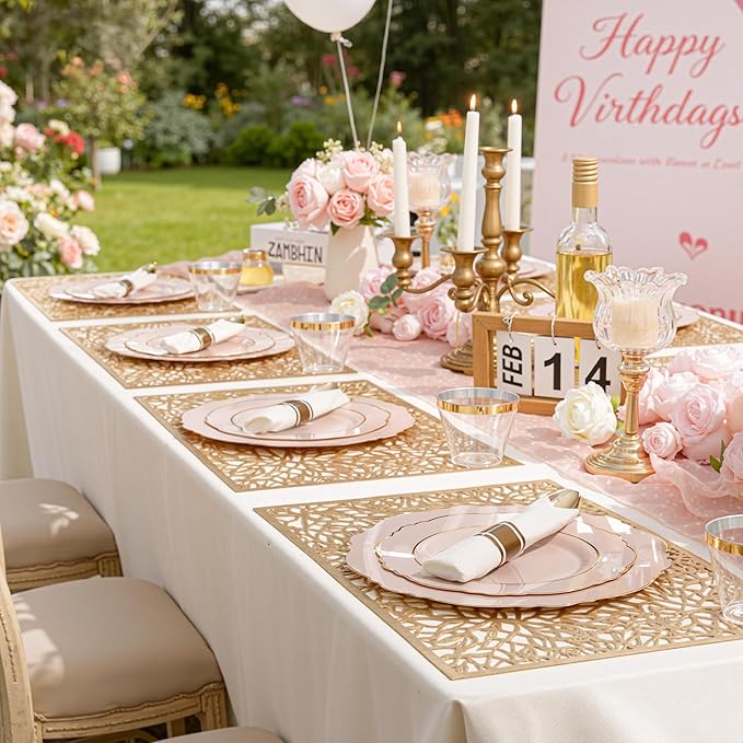 Liacere 350PCS Pink Plates Disposable-PinK Plates 50guest Baroque Plastic Dinnerware include 100Plates, 50Pack Pre Rolled Napkins with Silverware 50Cups Perfect for Wedding ＆ Easter Day