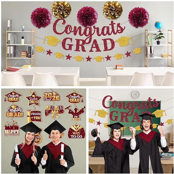Maroon Graduation Decorations 2026, Glitter Congrats Grad Banner Hanging Swirls and Tissue Pom Poms, Maroon and Gold Graduation Decorations for Class of 2026 College Graduations Party Decorations