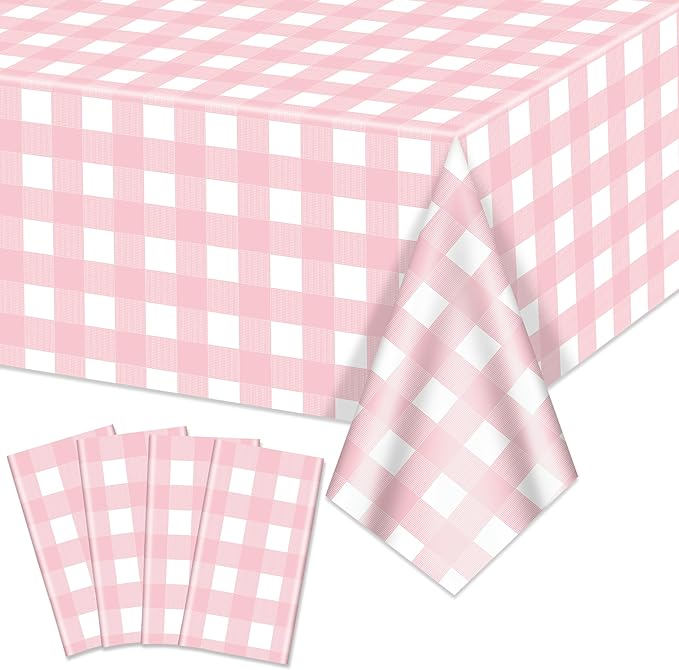 4 Pack Pink Gingham Tablecloths, Pink and White Checkered Tablecloths 86.6 x 51.2 Inches Gingham Table Covers Rectangular Waterproof Picnic Table Covers for Birthday Party Holiday Outdoor Supplies