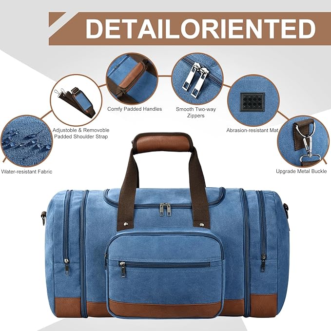 Litvyak Duffle Bag for Travel, 50L Canvas Travel Duffel Bags Overnight Weekend Gym Carry On Luggage Bag for Men & Womenn(Blue+Toiletry Bag)