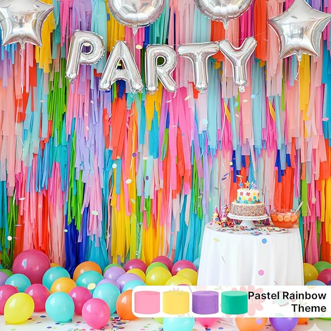 PartyWoo Pastel Crepe Paper Streamers 4pcs 328ft Pack of Pastel Rainbow Colorful Crepe Paper Streamers for Graduation Baby Shower Unicorn Easter Safari Spring Rainbow Theme Birthday Party Decorations