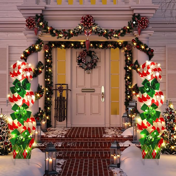 Skylety 2 Sets Christmas Peppermint Cane Candy Outdoor Decorations with 44 Inch Lawn Yard Stake with LED String Lights for Green Christmas Front Door Home Farmhouse Garden Outside Party(2 Sets)