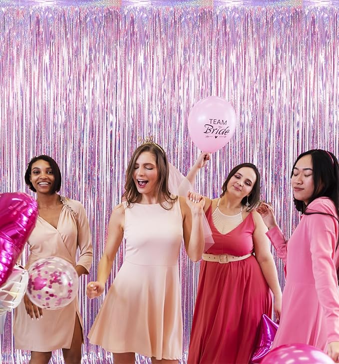 GOER 3.2 ft x 9.8 ft Metallic Tinsel Foil Fringe Curtains Party Photo Backdrop Party Streamers for Birthday,Graduation,New Year Eve Decorations Wedding Decor(5 Packs,Laser Pink)