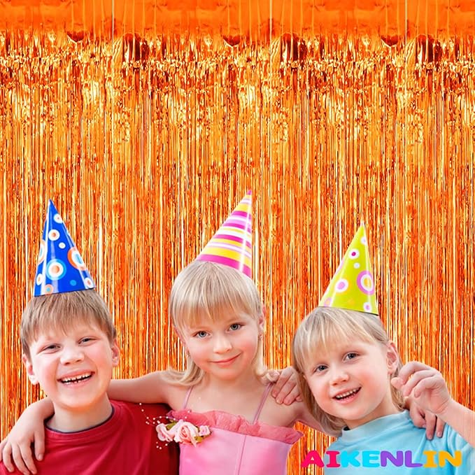4 Pack 3.2Ft x 8.2Ft Orange Foil Fringe Curtain Backdrop, Metallic Tinsel Foil Fringe Streamers Curtains Background for Photo Booth, Birthday, Wedding, Disco, Bachelorette, Christmas Party Decoration