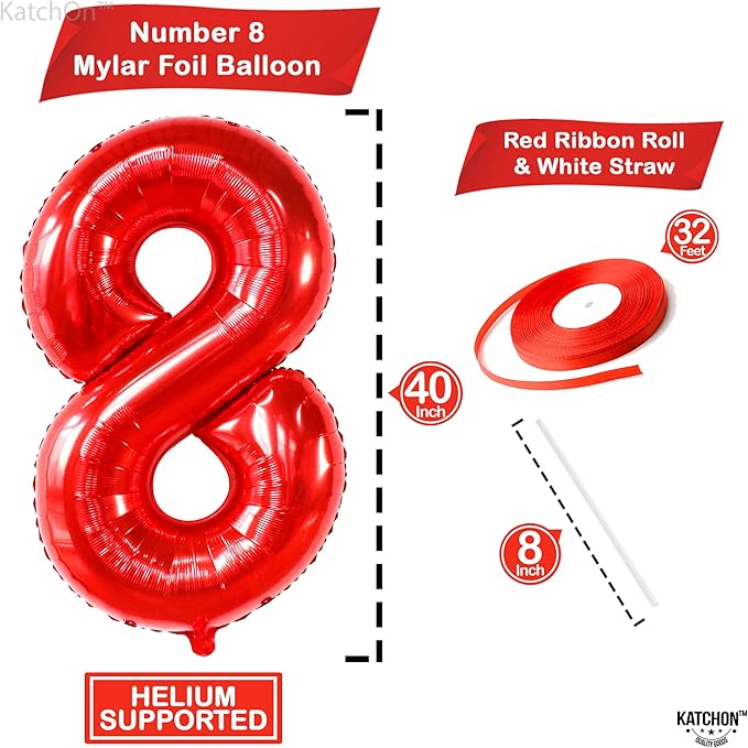 KatchOn, Giant, Red 8 Balloon Number - 40 Inch | Number 8 Balloon, 8th Birthday Decoration Boy | 8 Year Old Balloon, 8 Year Old Birthday Decorations | Number Balloons for Anniversary Decorations