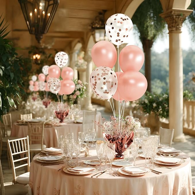6 Set Rose Gold Christmas Table Balloons Foil Spray Table Centerpiece with Rose Gold and Confetti Balloons Stand Kit for Birthday Party Baby Shower Wedding Bridal Shower Prom Cake Table Decorations