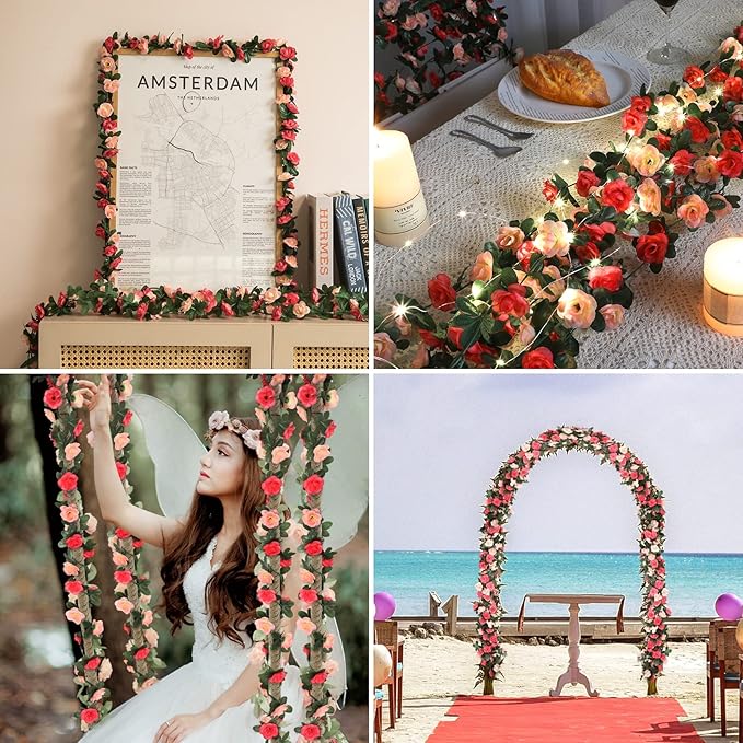 MARTINE MALL Rose Vines with 99 Ft/300 LED String Lights, Floral Garland for Bedroom, Wedding Decor