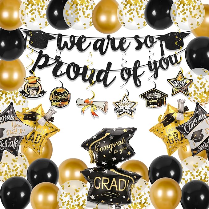 Graduation Decorations 2026,We Are So Proud of You Banner, Black and Gold Confetti Balloon,Foil Balloons, Hanging Congrats Grad Swirls for High School,College Graduation Party Supplies