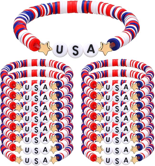USA Bracelets Bulk 4th of July Accessories Red White and Blue Polymer Clay Beaded Stretch Bracelets for Women USA Jewelry Independence Day 4th of July Patriotic Party Favors Gifts