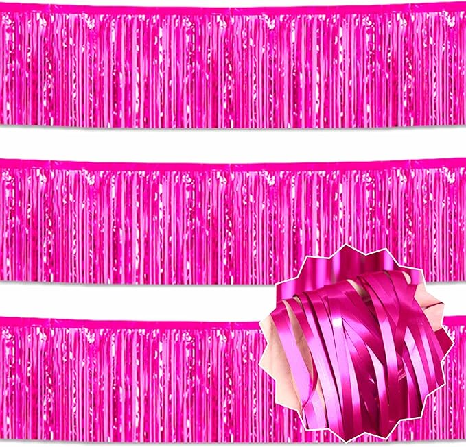 3 Pack 10 Ft Fuchsia Foil Fringe Garland Metallic Streamers Tinsel Banner Wall Hanging Garland Backdrop for Parade Floats, Halloween, Christmas, Thanksgiving, New Year Party Decorations
