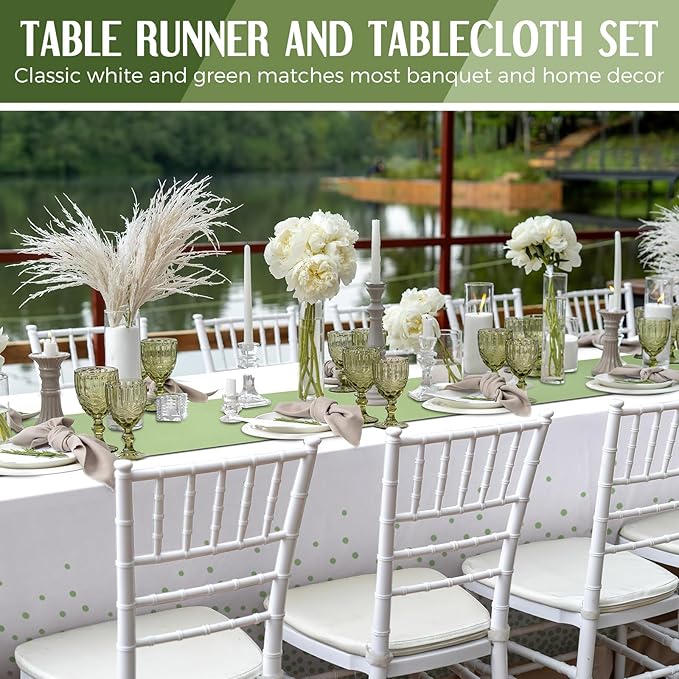 Breling 8 Pack White and Sage Green Disposable Plastic Tablecloths and Satin Table Runner Set, 54 x 108 Inch Tablecloth, 12 x 108 Inch Table Runners for Wedding Graduation Birthday Baby Shower