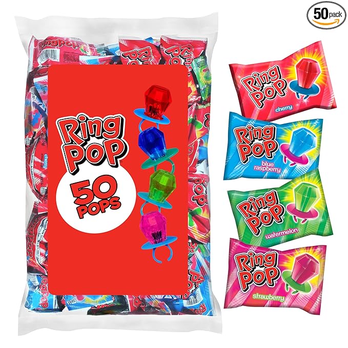 Ring Pop Candy, Easter Lollipops, 50 Ct Party Favors in Assorted Fruity Flavors - Full Size, Fun Hard Candy For Birthday Parties, Party Favors, Easter Basket Stuffers, Egg Fillers, Gifts for Kids