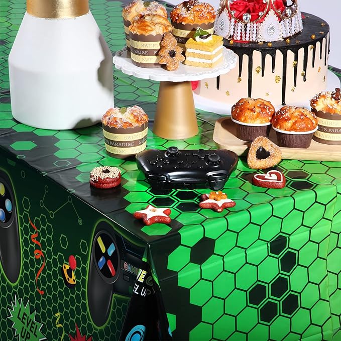 Tatuo 3 Pcs Video Game Table Cover, Game Theme Birthday Decoration Plastic Table Cloth Party Supplies for Boys Girls Kids Player Geek Party Decorations, 54 x 108 Inch (Green)