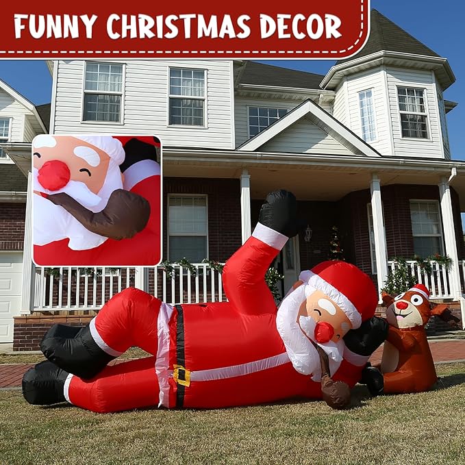 JOYHALO 8FT Christmas Inflatable Lying Santa and Reindeer Outdoor Decorations, Blow Up Yard Decorations with Bright LED Lights, Giant Christmas Inflatables for Roof Indoor Lawn Party Decor