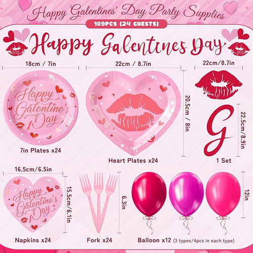 109PCS Happy Galentine's Day Party Supplies,Pink Love Heart Disposable Paper Plates Napkins Cups Forks Dinnerware for 24 Guest,Banner Balloons for Valentines Anniversary Wedding Engagement