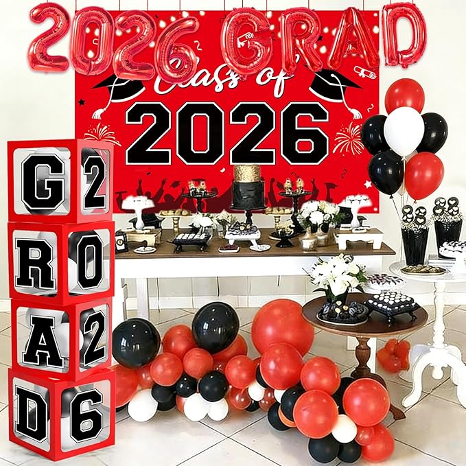 Graduation Decorations Class of 2026-123pcs Red Black Graduation Party Decorations include Balloon Boxes with Letters, Balloon Arch Kit and Backdrop for 2026 Grad Party Supplies