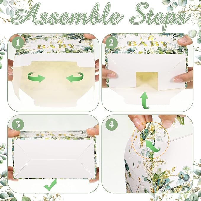 Nezyo 24 Pcs Baby Shower Party Favor Boxes Sage Green Goodie Bags for Guests, Baby Shower Paper Boxes with Eucalyptus Leaves for Gender Reveal Return Guest Gifts, 4.7 x 2.4 x 5.1 Inch