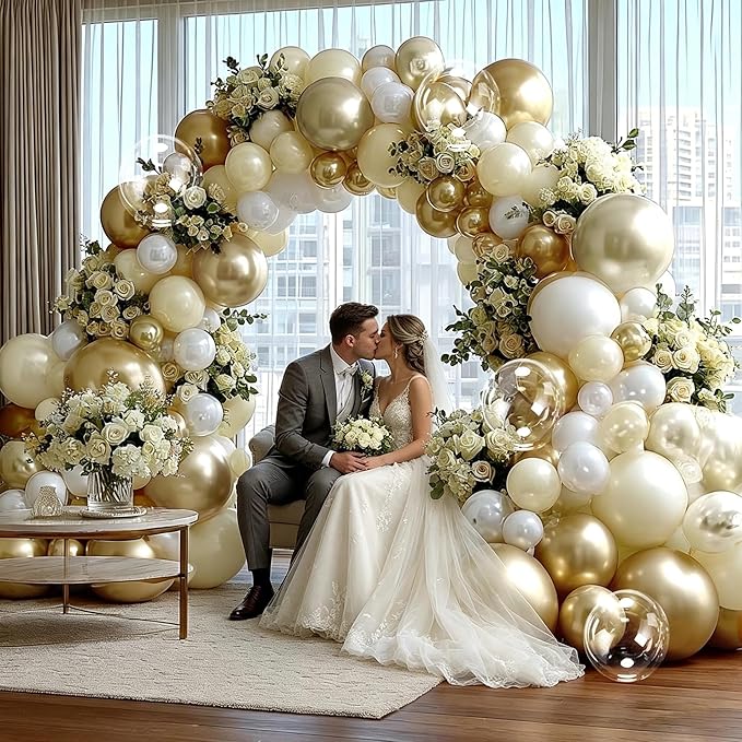 White Gold Balloon Arch Kit Double Stuffed Pearl White Sand Cream Gold Balloon Garland Ivory Beige Balloons for Baby Shower Wedding Bridal Shower Birthday Baptism Bachelorette Valentine Party Decor