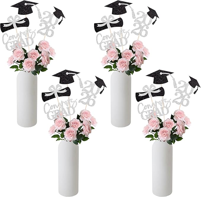 Gexolenu 16 PCS Silver and Black Double-Sided 2026 Graduation Centerpieces for Tables, 2026 Table Toppers Party Centerpiece Sticks Party Supplies, Graduation Party Decorations Class of 2026, Set of 4