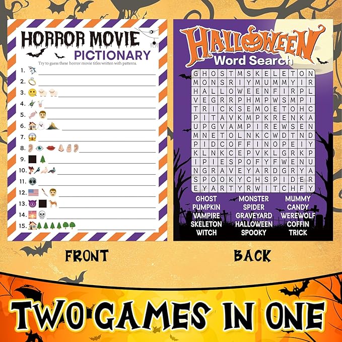 COCHIE 30 Players Halloween Party Games for Adults Family Office Large Groups, Horror Movie Name Pictionary Game, Guesstures Game, Word Search Games with Answer Key (Halloween Purple)