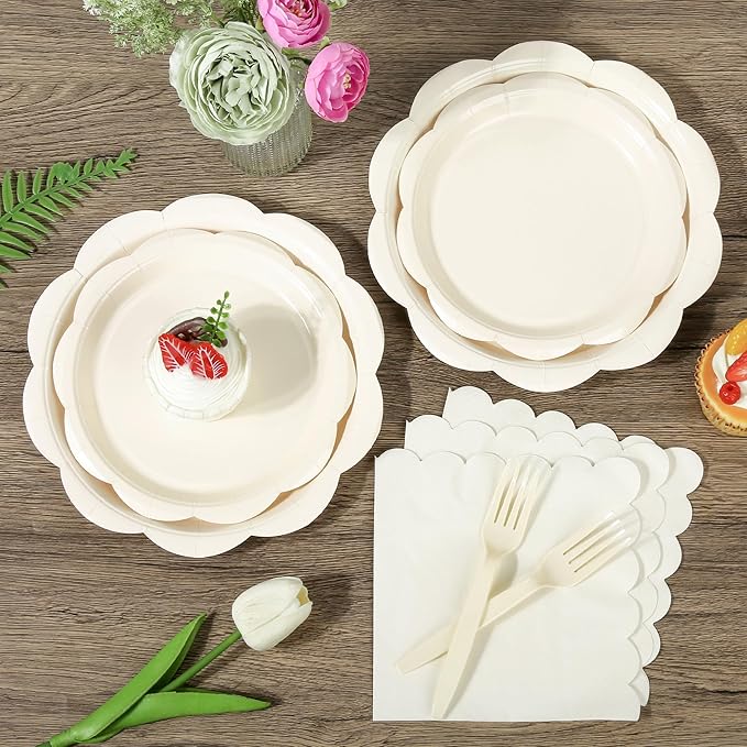 400 Pcs Ivory Paper Plates and Napkins Set Party Supplies, Tableware set for 50 Guest include Disposable Ivory Scalloped Plates Napkins Knives Forks Spoons Cups for Baby Shower Bridal Shower Wedding