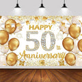 6x3.6ft Happy 50th Anniversary Backdrop,White and Gold Happy Wedding Anniversary Party Banner Decorations Supplies Photo Booth Props