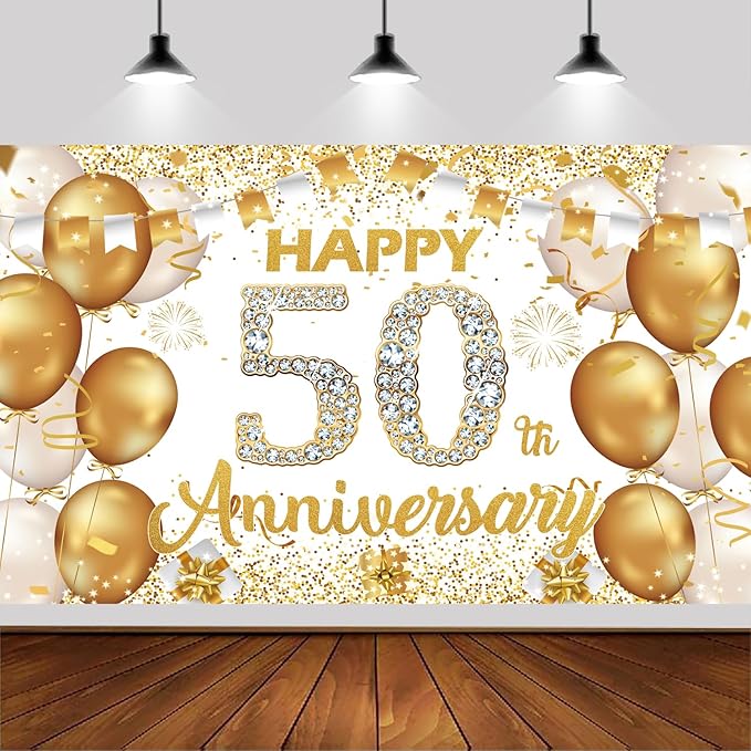 6x3.6ft Happy 50th Anniversary Backdrop,White and Gold Happy Wedding Anniversary Party Banner Decorations Supplies Photo Booth Props