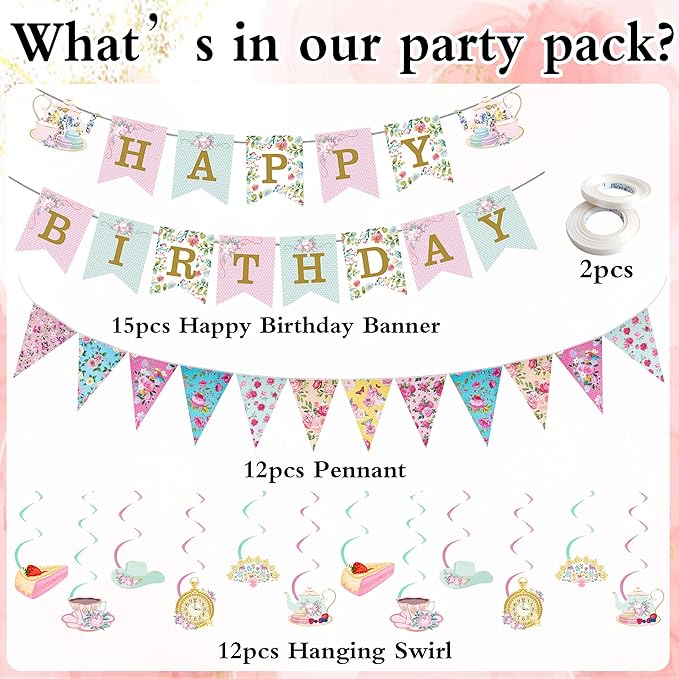 Tea Party Decorations Birthday Banner - Floral Decor Happy Birthday Banners Bunting Teapot Hanging Swirl, Flower Wonderland Theme Decoration for Women Girls Baby Shower Party Supplies