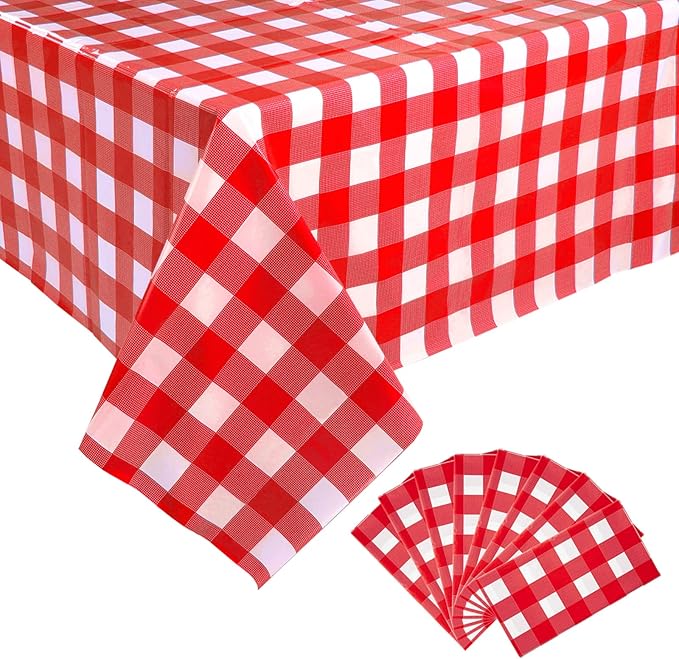 Kesfey 8 Packs Red and White Checkered Tablecloths 54 x 108 Inches Disposable Rectangle Red Gingham Table Cloth Waterproof Plastic Picnic Party Plaid Tablecovers for Picnic BBQ Family Outings