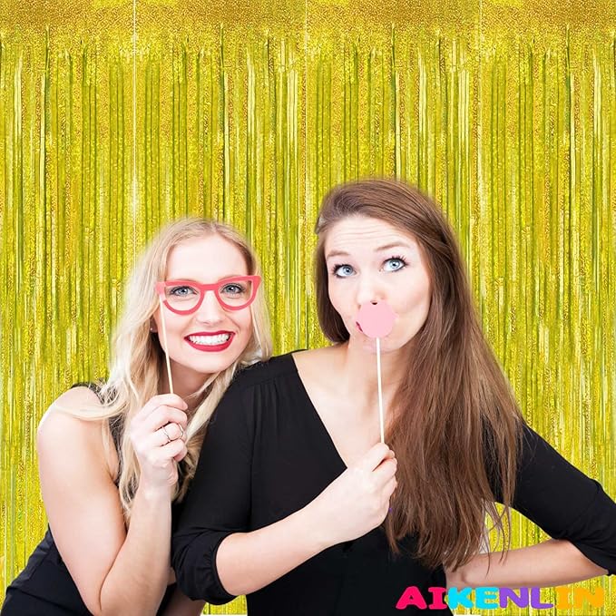 4 Pack 3.2Ft x 8.2Ft Gold Foil Fringe Curtain Backdrop, Metallic Tinsel Foil Fringe Streamers Curtains Background for Photo Booth, Birthday, Wedding, Disco, Bachelorette, Christmas Party Decoration