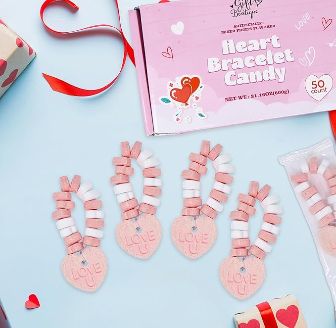 Gift Boutique Valentines Heart Bracelet Candy 50 Pack Individually Wrapped Love U Charm Hearts Shaped Bracelets White Pink Red Beads Party Bags Treats