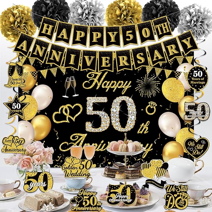 50th Wedding Anniversary Party Decorations Supplies Kit - 41PCS Black Gold Happy 50th Anniversary Banner Backdrop Hanging Swirl Pompoms Decorations Cards