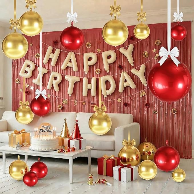 Togvu Red Gold Round Foil Balloons, 16PCS Different Sizes 4D Metallic Balloon Large Sphere Mirror Ball Balloons for Prom Graduation Christmas New Year Birthday Party Ceiling Decorations Supplies