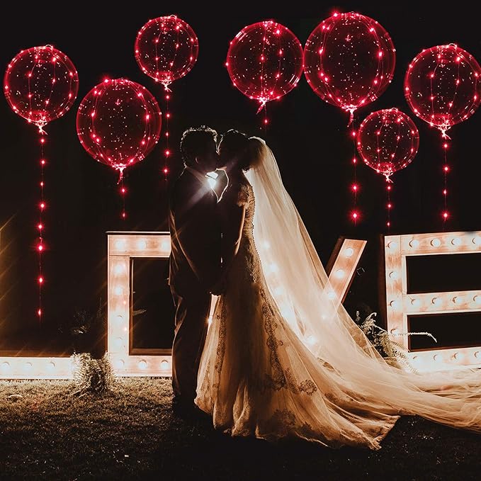 Weewooday Lighted up Balloons, 7 Packs 20 Inch Valentines Bobo Balloons with 10ft LED String Lights for Valentines Day Wedding Christmas Birthday Decoration(Red)