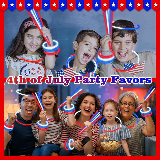 Red White Blue Glow Sticks Party Favors Supplies 150 PCS,Light Up Bracelets Necklaces Accessories Decorations for Kids,Fun USA Items for Fourth of July Patriotic Birthday Pool Games Activities