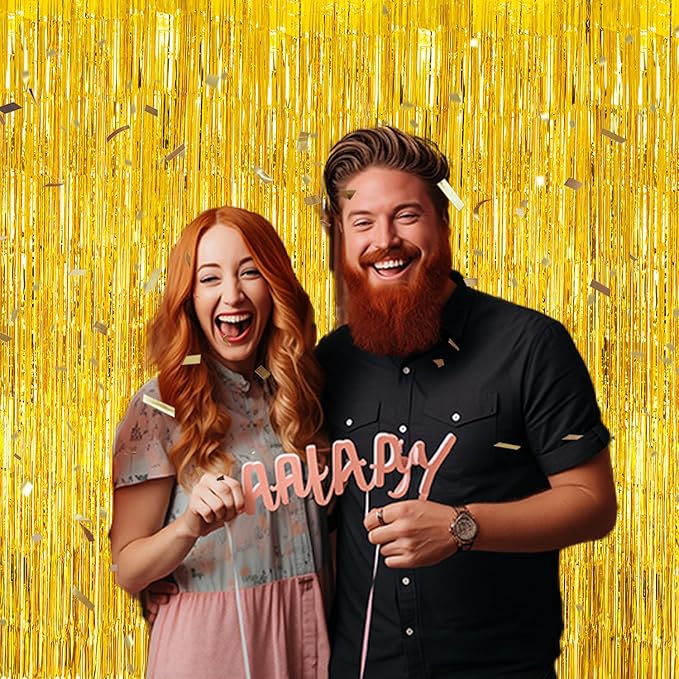 2 Pack Foil Fringe Backdrop - Laser Gold Shiny Tinsel Curtains for Party Decoration/Photo Booth Props - 3.3x6.6 FT Metallic Foil Backdrop for Birthday, Wedding, Graduation, Christmas.